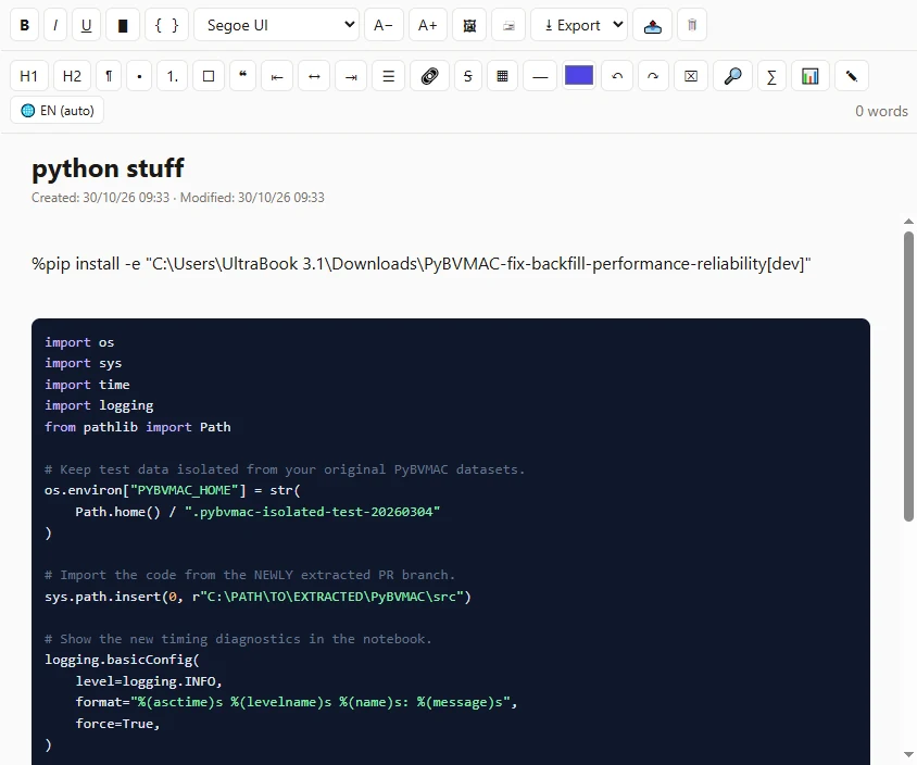 Détail de l’éditeur Notia : barre d’outils de mise en forme et bloc de code Python colorisé